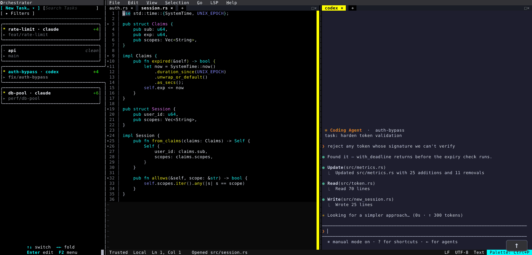 หน้าจอ Orchestrator ของ Fresh มี dock ด้านซ้ายแสดง workspace สี่รายการพร้อมชื่อ branch มีโค้ดอยู่ตรงกลาง และ agent กำลังทำงานในช่องขวา