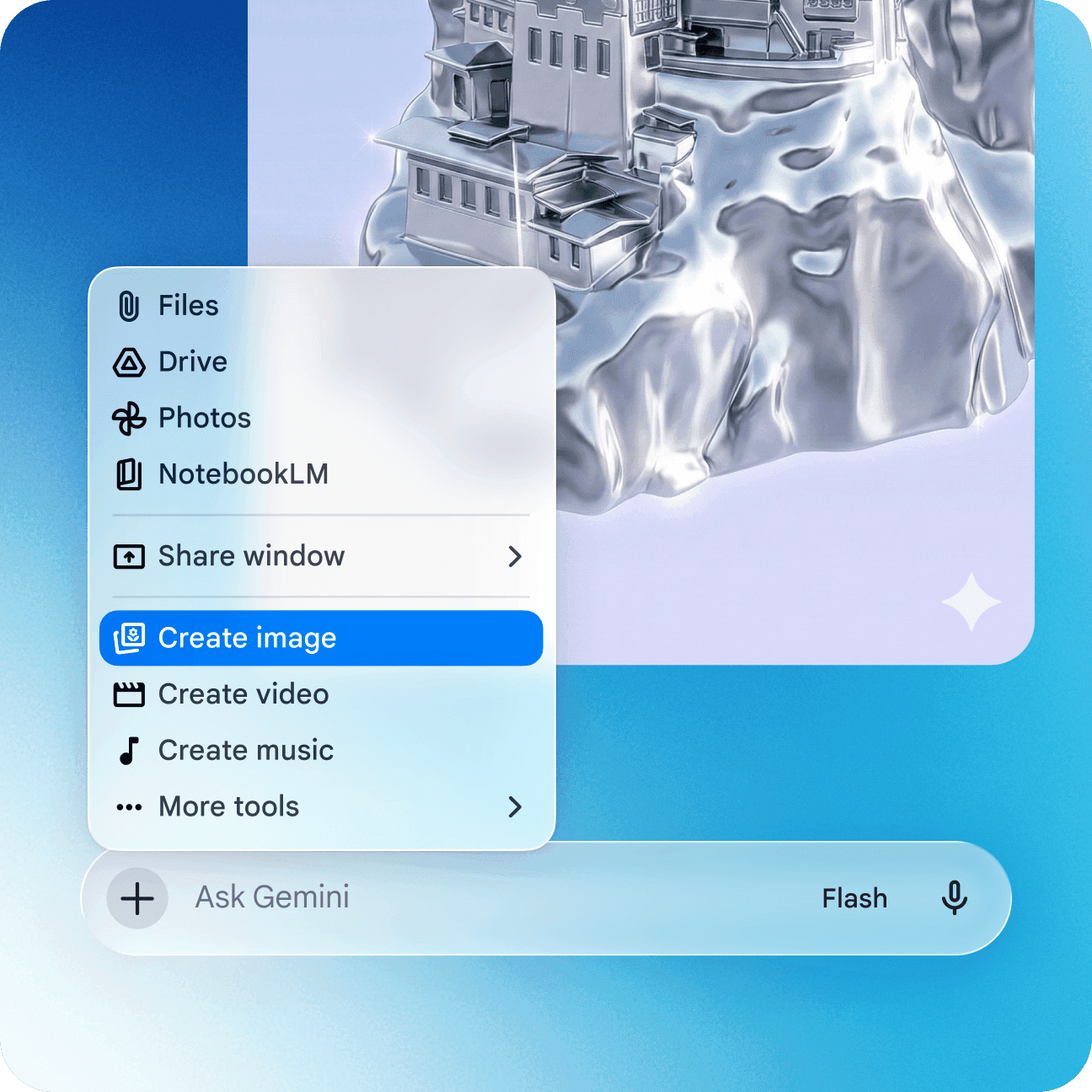 แถบ Ask Gemini บน macOS เปิดเมนูแนบไฟล์ค้างไว้ มีตัวเลือก Files, Drive, Photos และ Create image