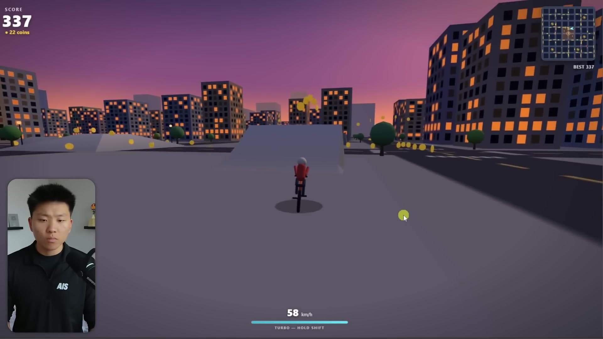 เกมขี่จักรยานโลกเปิดที่ Fable 5 สร้าง มองจากด้านหลังตัวละครในเมืองยามพลบค่ำ