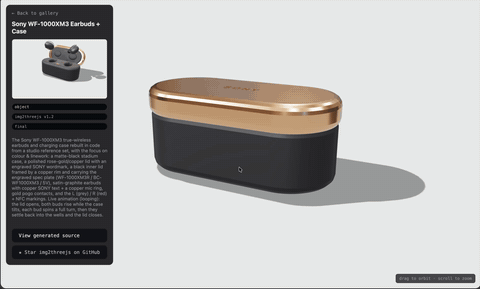 โมเดล 3 มิติของหูฟัง Sony WF-1000XM3 ที่ img2threejs สร้างขึ้นเป็นโค้ด
