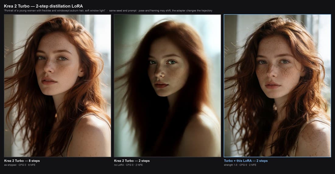 ภาพเปรียบเทียบสามช่อง ภาพบุคคลผู้หญิงหน้ามีกระ ทรงผมยาวสีน้ำตาลแดง จาก Krea 2 Turbo 8 สเต็ป 2 สเต็ปแบบไม่ใส่ LoRA และ 2 สเต็ปแบบใส่ LoRA