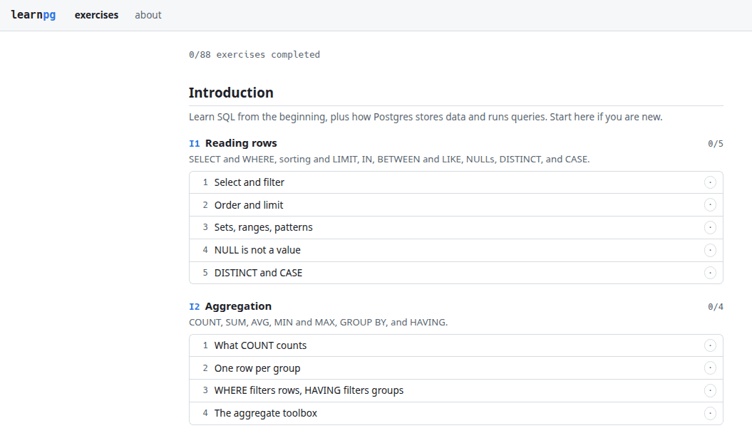 หน้าแรก learnpg.xyz แสดงตัวนับ 0/88 และหมวด Introduction ที่จัดแบบฝึกเป็นรายการทีละข้อ