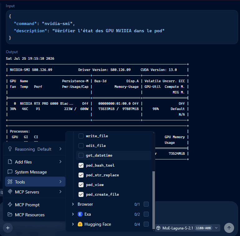 หน้าแชต WebUI ของ llama.cpp ที่เปิดเมนู Tools และ MCP Servers ให้ติ๊กเลือกเครื่องมือ