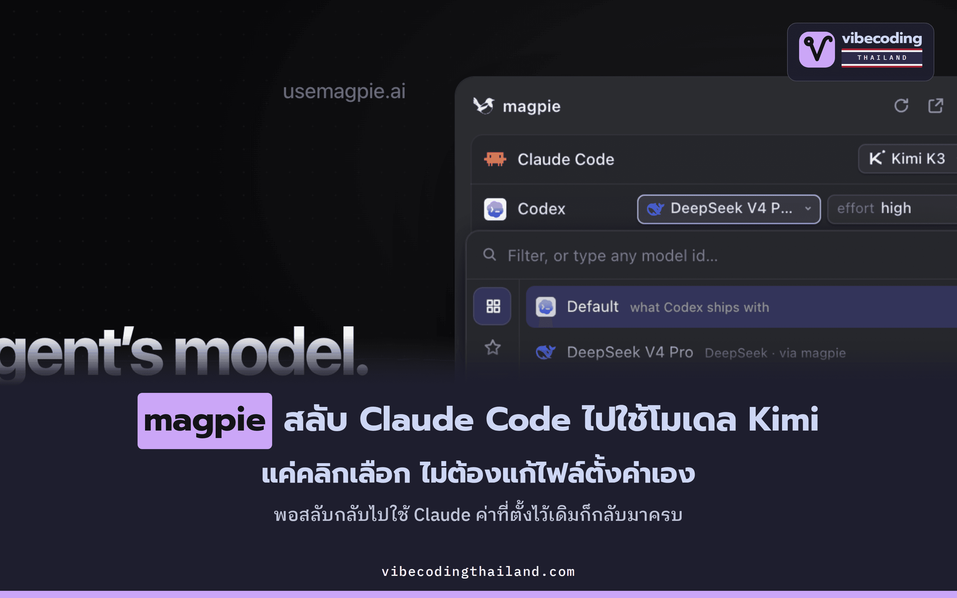 magpie สลับ Claude Code ไปใช้ Kimi และ Codex ไปใช้ DeepSeek ได้จาก menu bar แล้วคืนค่าเดิมให้ครบ