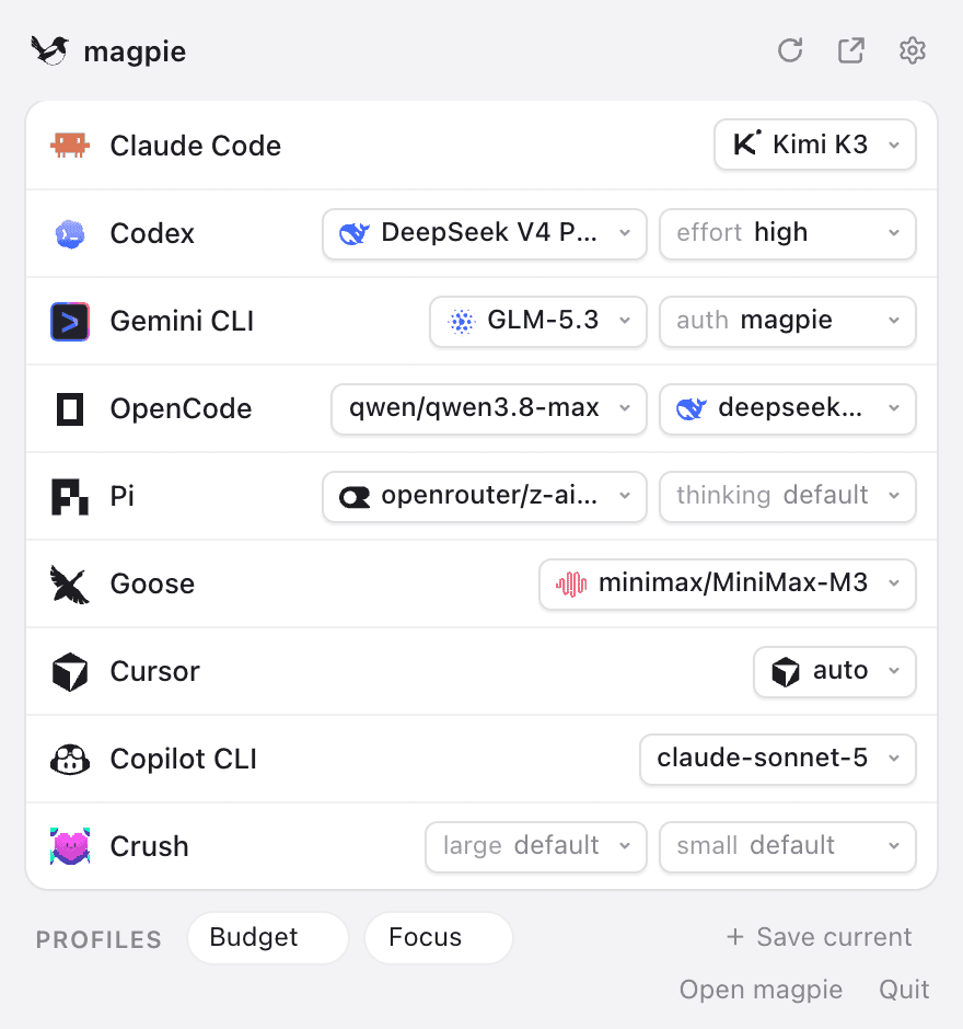 หน้า panel ของ magpie ที่แสดง agent แต่ละตัวกับโมเดลที่ตั้งไว้
