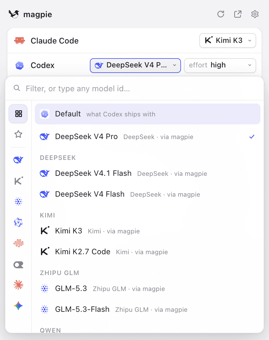 รายการโมเดลที่เปิดขึ้นเมื่อคลิกช่องโมเดลของ Codex ใน magpie