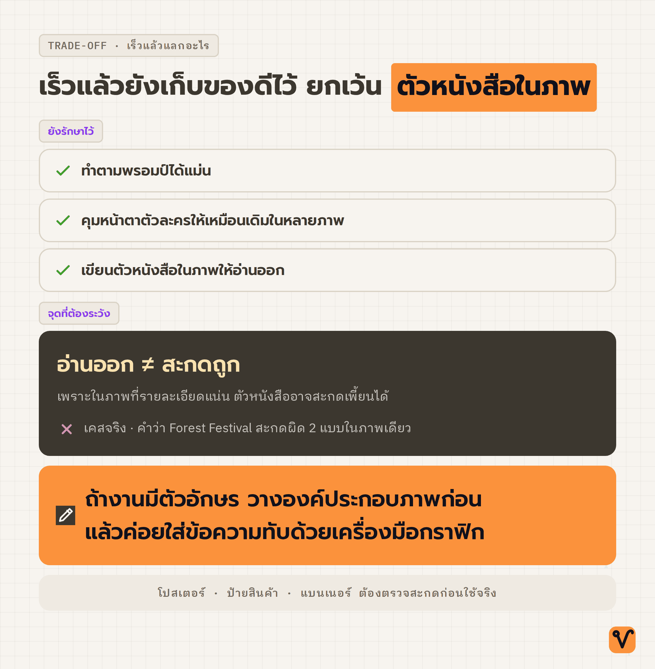 แผนภาพเทียบจุดแข็งสามอย่างที่โมเดลยังรักษาไว้ กับจุดที่ต้องระวังเรื่องการสะกดตัวหนังสือในภาพ พร้อมวิธีแก้