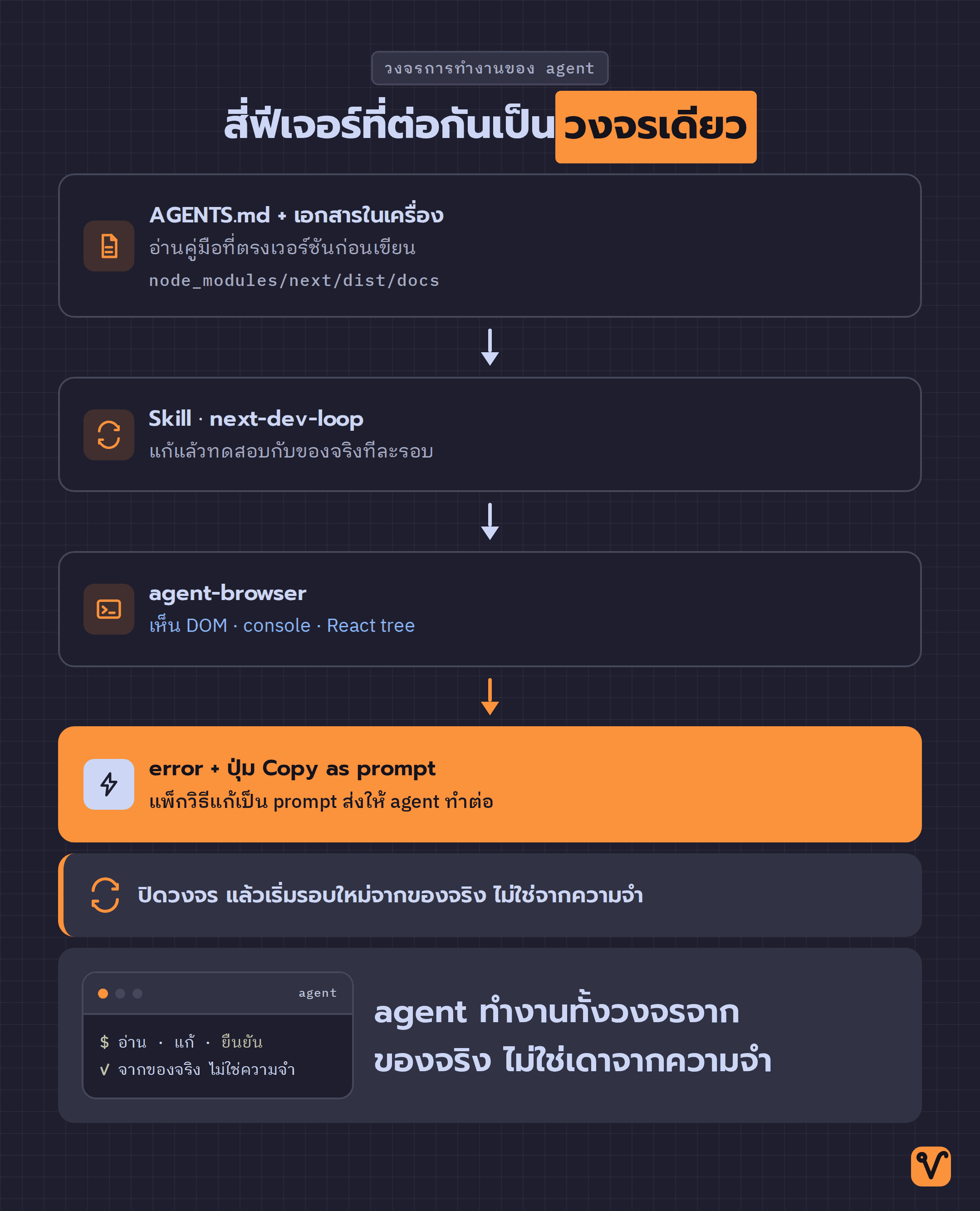 ผังวงจรการทำงานของ agent สี่ขั้น ตั้งแต่อ่านเอกสารในเครื่อง ลงมือทดสอบด้วย next-dev-loop เห็นผลผ่าน agent-browser จนถึง error ที่แพ็กวิธีแก้แล้วส่งกลับให้เริ่มรอบใหม่