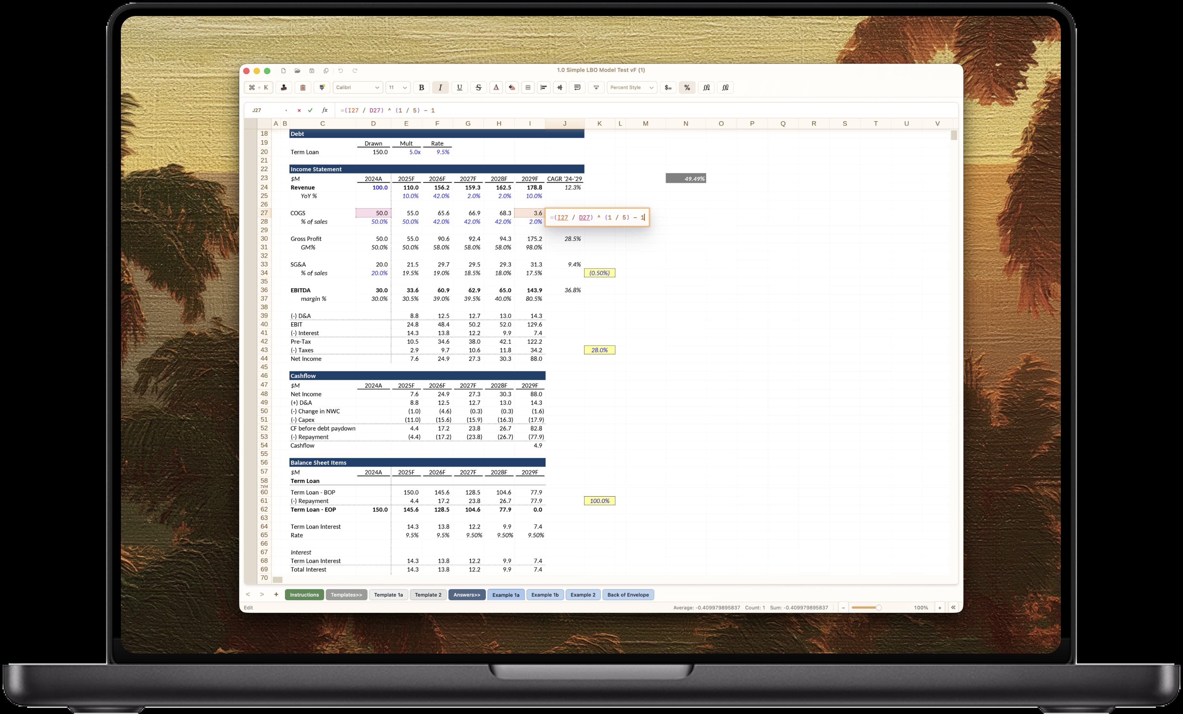 หน้าจอแอป Nobie บน Mac เปิดโมเดลการเงินที่มีสูตรในแถบสูตรด้านบน