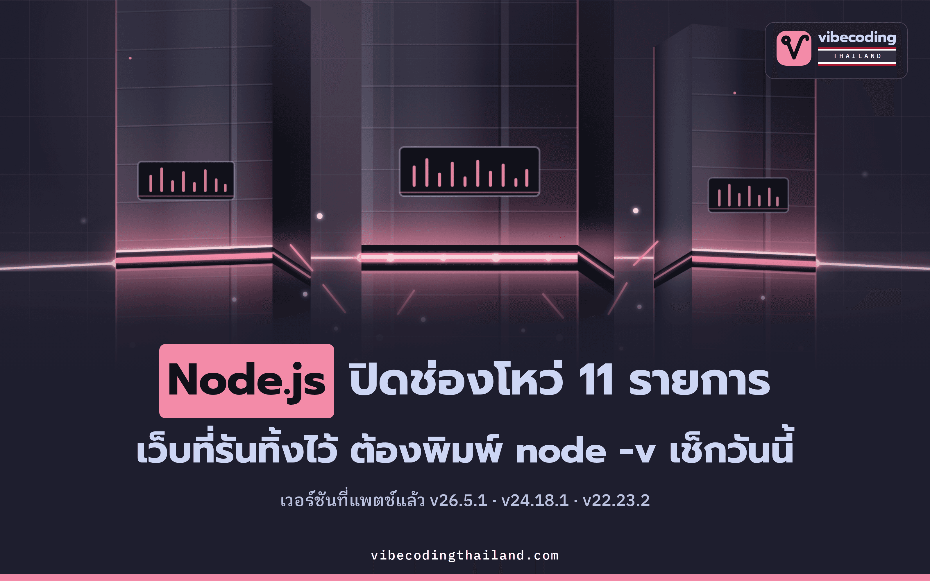 Node.js ปิดช่องโหว่ 11 รายการ พิมพ์ node -v เทียบ v26.5.1 · v24.18.1 · v22.23.2 ต่ำกว่านี้ต้องอัปวันนี้