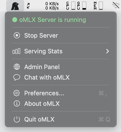 เมนูดรอปดาวน์ของ oMLX บนเมนูบาร์ macOS แสดงสถานะเซิร์ฟเวอร์และปุ่มสั่งงาน