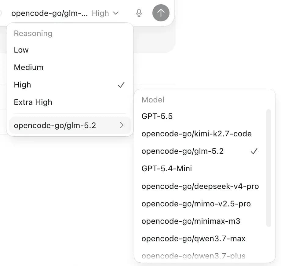รายการเลือกโมเดลในแอป Codex ที่มีทั้งโมเดลของ OpenAI และโมเดลค่ายอื่นเรียงอยู่ในลิสต์เดียวกัน