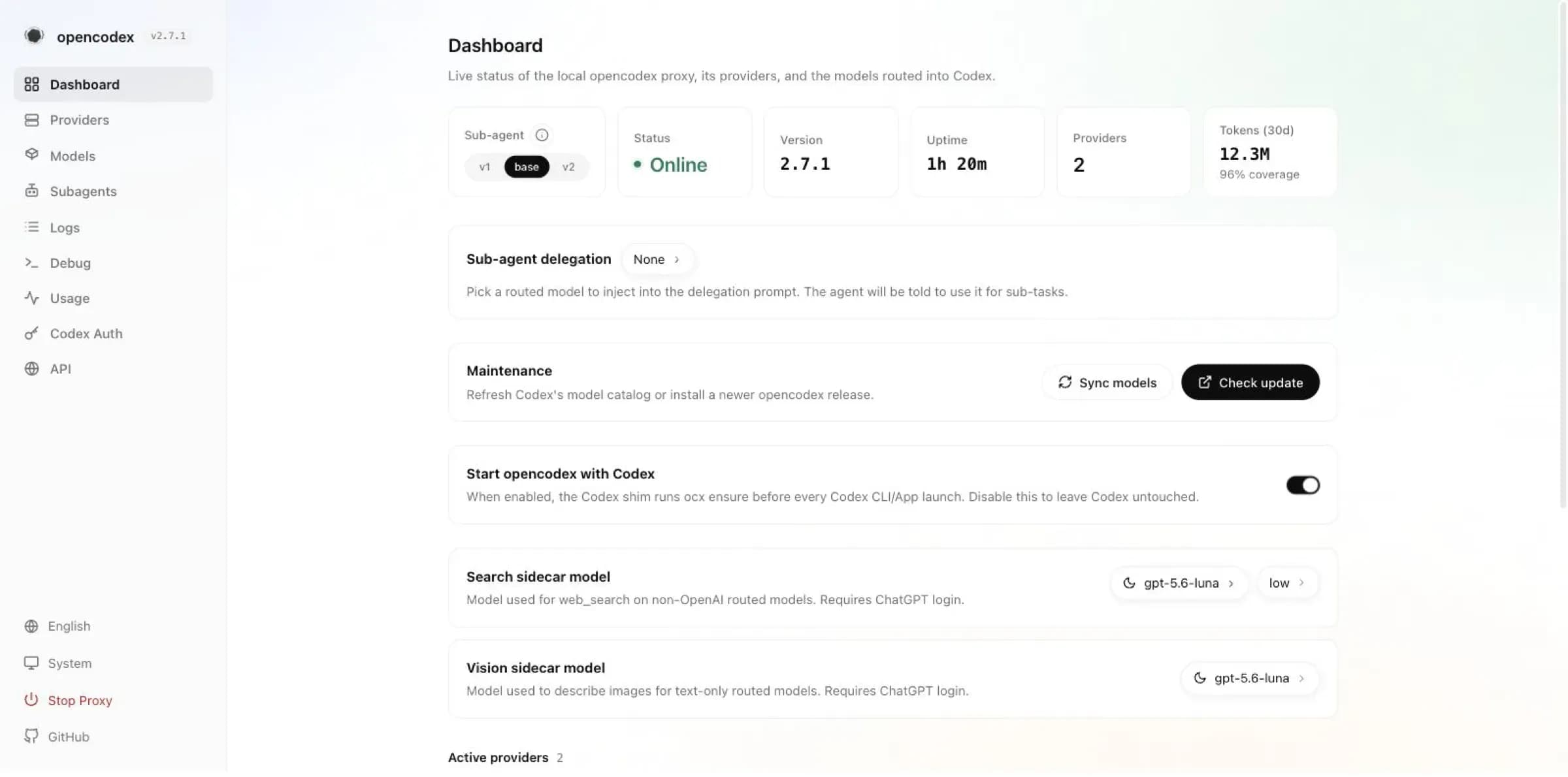หน้าแดชบอร์ดของ opencodex ที่รันในเครื่อง แสดงสถานะออนไลน์ เวอร์ชัน จำนวนผู้ให้บริการ และเมนูจัดการเรียงอยู่ด้านซ้าย