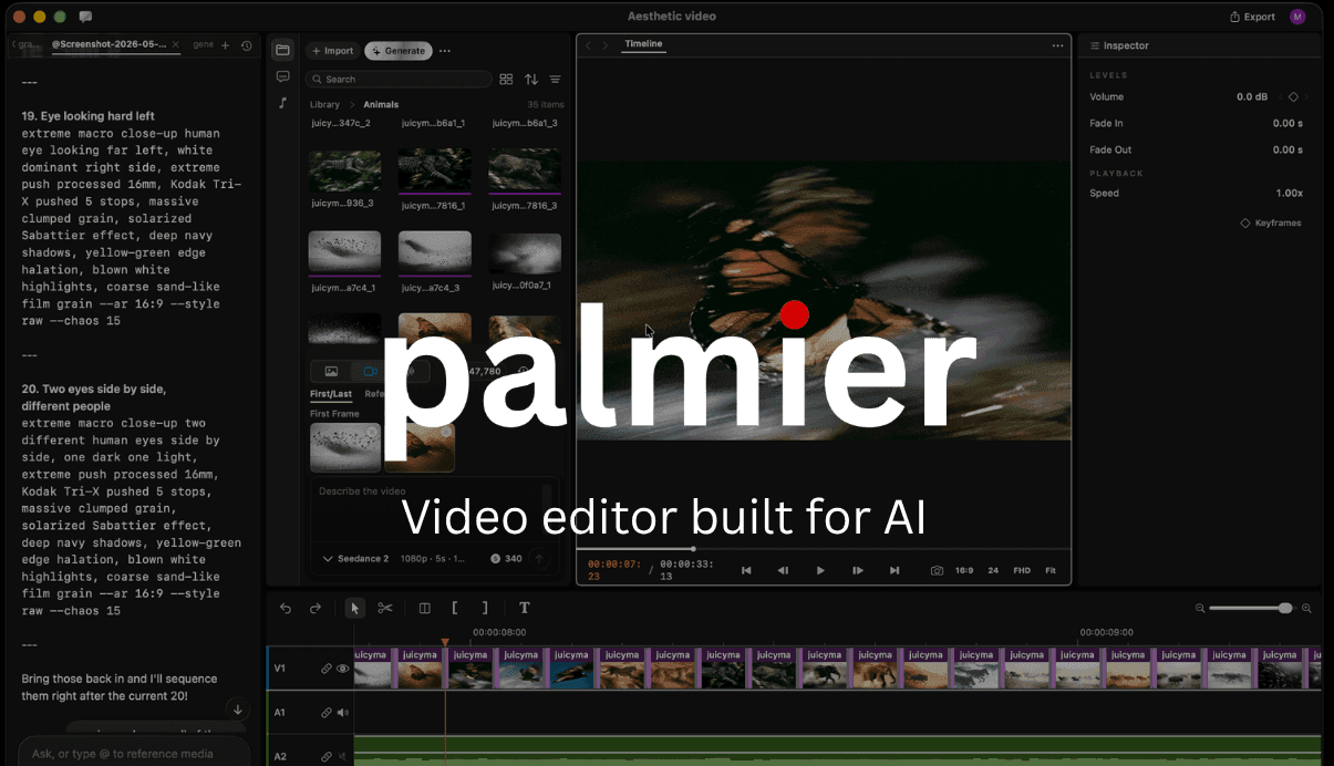 หน้าจอ Palmier Pro มีแชตอยู่ซ้ายมือ ไลบรารีมีเดียอยู่กลางจอ และไทม์ไลน์วางคลิปอยู่ด้านล่าง