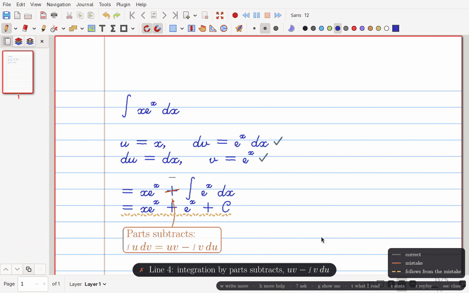 หน้าจอ xournal++ ที่ Penmentor ติ๊กสองบรรทัดที่กำหนด u กับ v ขีดฆ่าเครื่องหมายบวกที่ผิด และขีดเส้นประใต้บรรทัดถัดไป