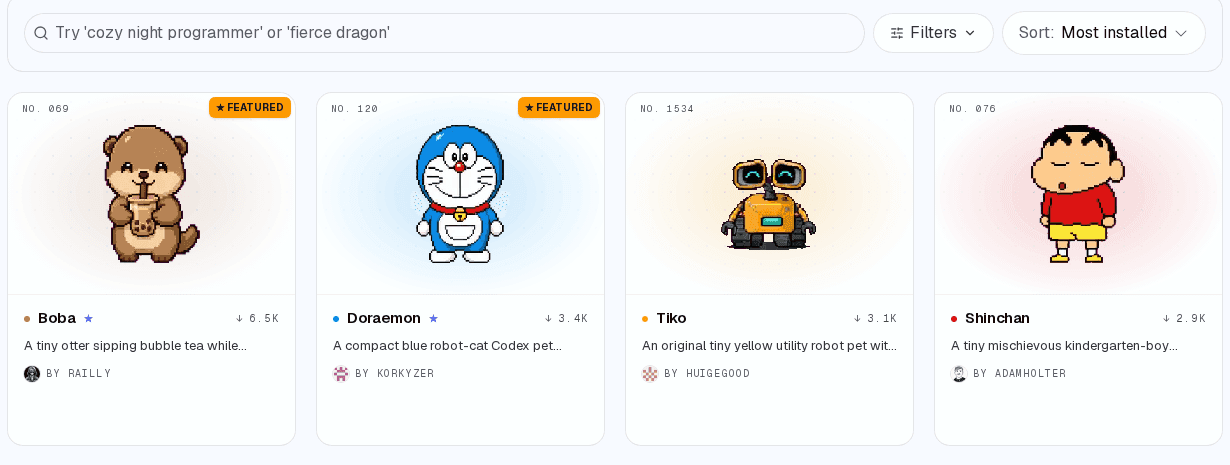 หน้าแกลเลอรีของ petdex.dev เรียงการ์ดสัตว์เลี้ยงพิกเซลสี่ตัว