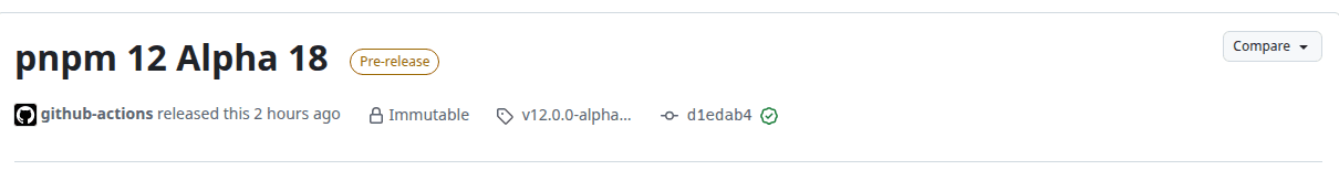 หน้า GitHub release ของ pnpm 12 Alpha 18 ที่ติดป้าย Pre-release