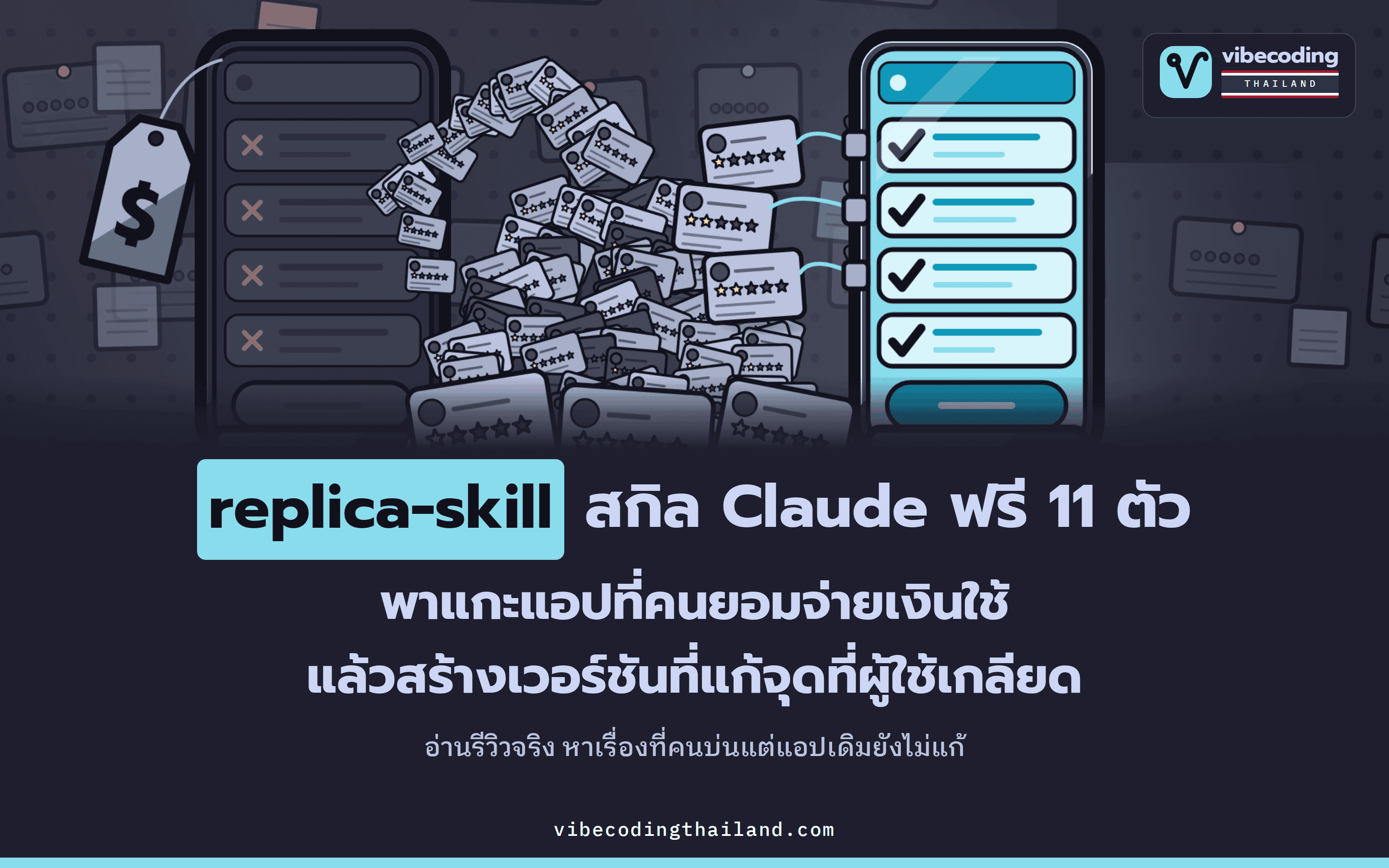 replica-skill สกิล Claude ฟรี 11 ตัว แกะแอปที่คนจ่ายเงินใช้อยู่แล้ว อ่านรีวิวว่าผู้ใช้เกลียดอะไร แล้วสร้างเวอร์ชันของเราที่แก้จุดนั้น