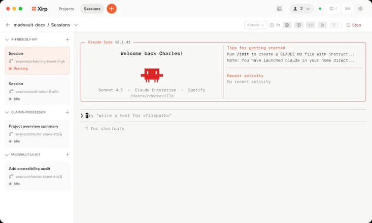 หน้าจอ Xirp ที่มีแถบข้างเรียงเซสชันของหลายโปรเจกต์ไว้ในที่เดียว แต่ละเซสชันมีสถานะกำกับ ส่วนแผงหลักคือเซสชันที่กำลังทำงานอยู่