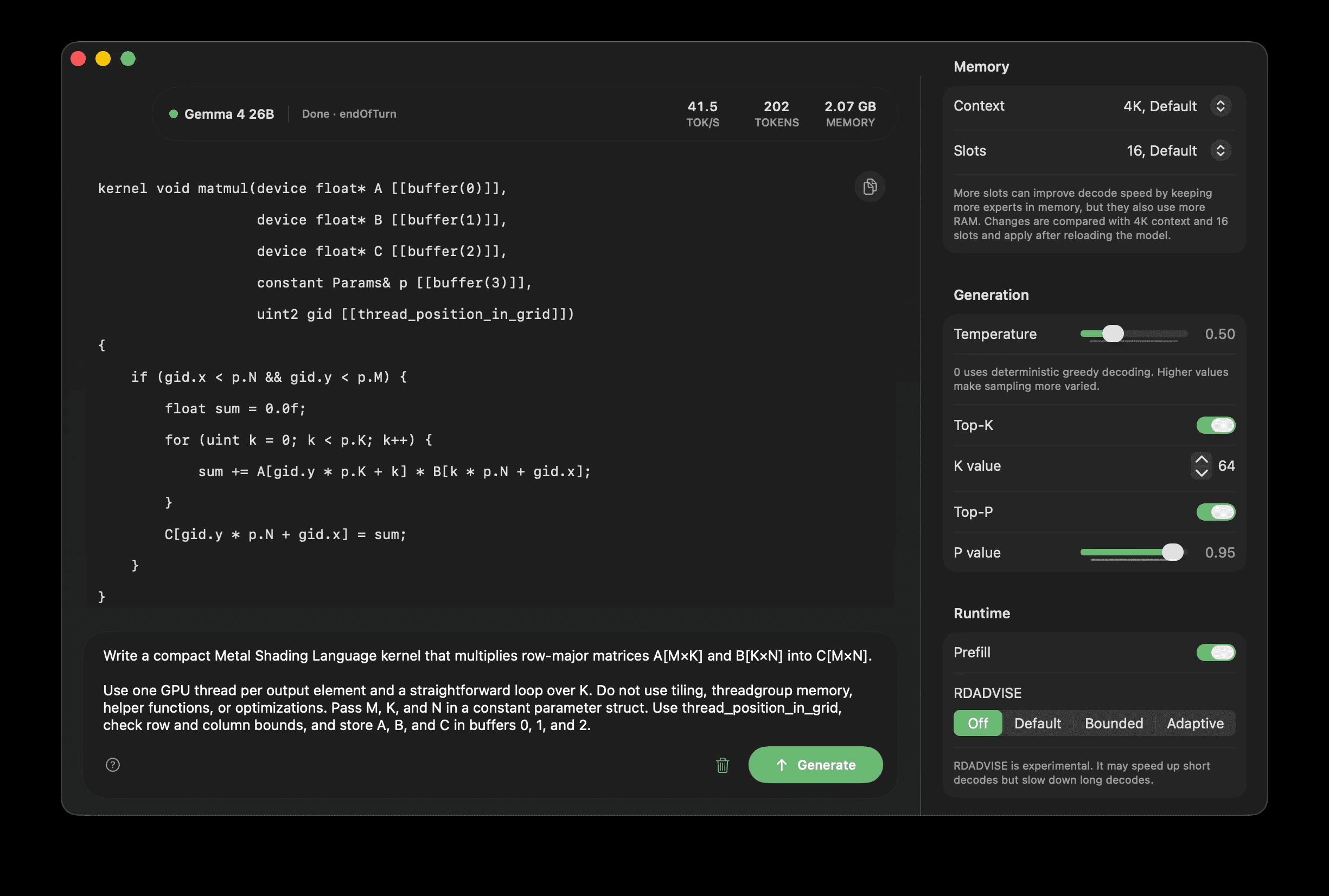 หน้าต่างแอป TurboFieldfare บน Mac ฝั่งซ้ายเป็นคำตอบที่โมเดลกำลังสร้าง ฝั่งขวาเป็นแผงตั้งค่า