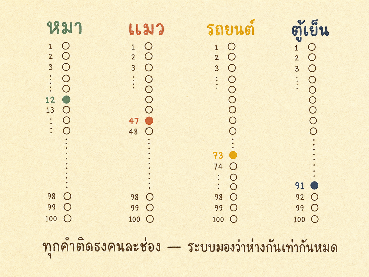 ภาพ one-hot encoding 4 คำคือ หมา แมว รถยนต์ ตู้เย็น แต่ละคำเป็นแถวที่มีจุด 1 จุดในตำแหน่งคนละช่อง ไม่มีจุดไหนซ้อนกันเลย