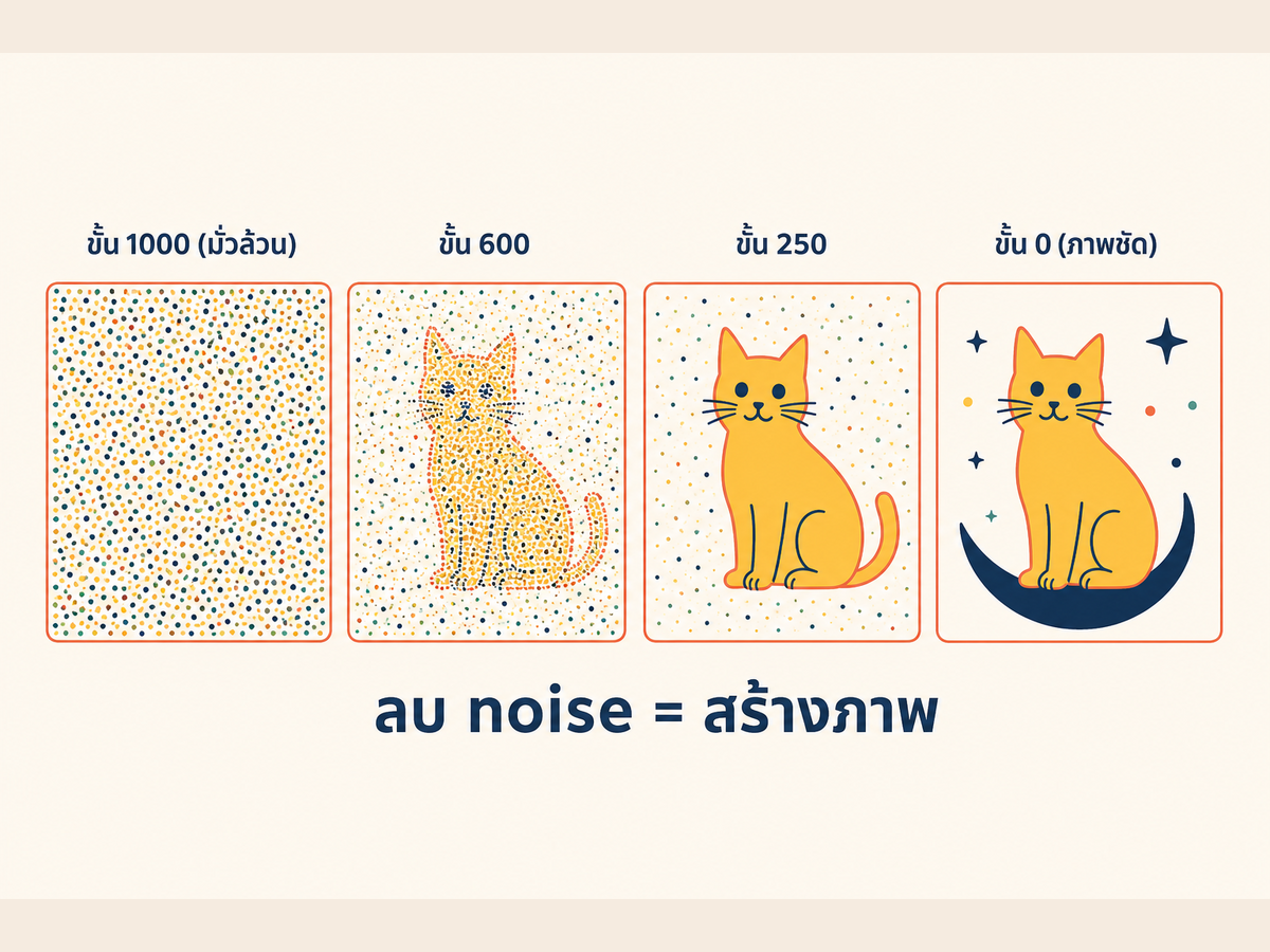 ภาพแสดง reverse denoising 4 ขั้น เริ่มจากจุดมั่วล้วน ค่อยๆ ลบ noise ออกจนเห็นภาพแมวชัด