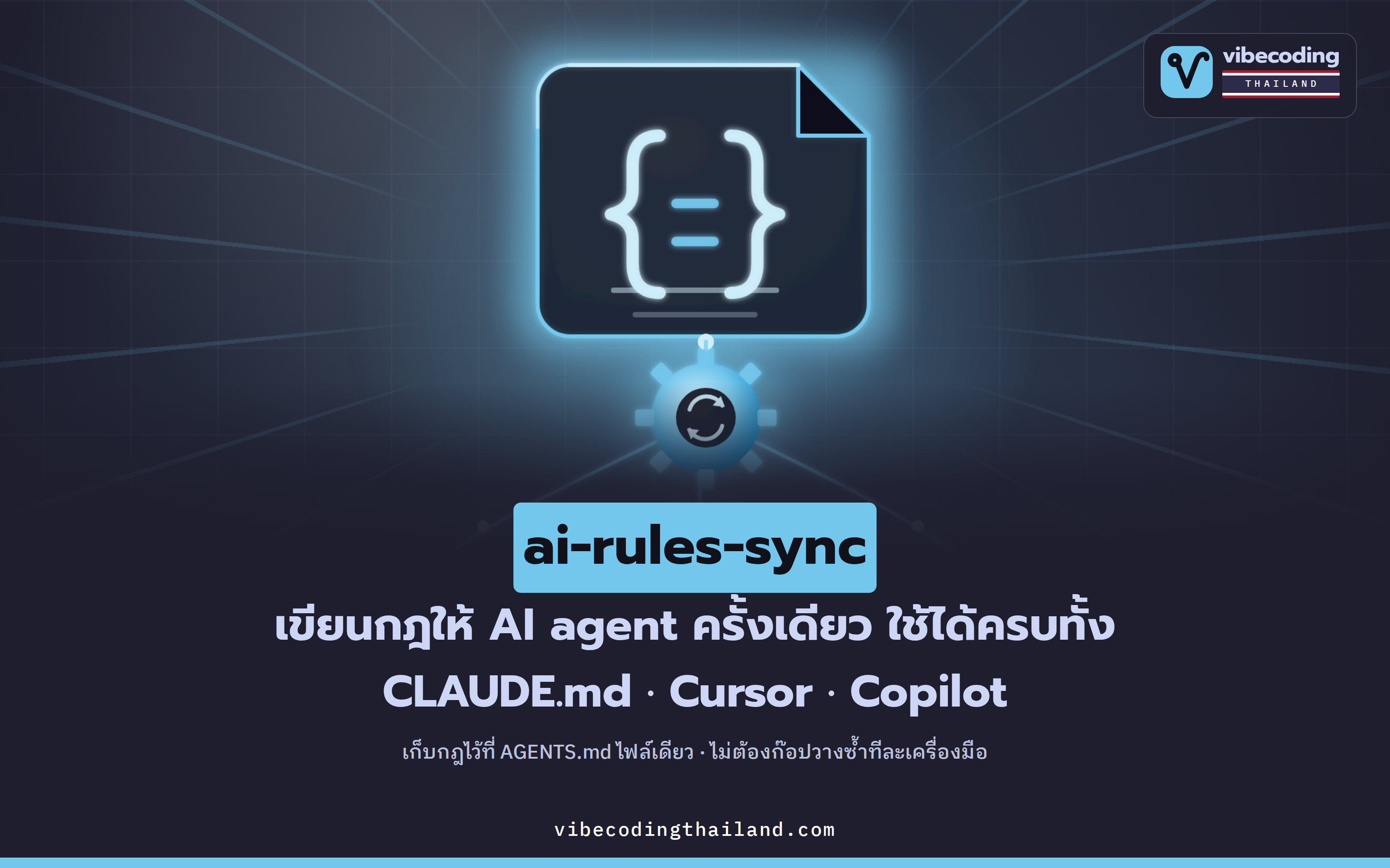 ai-rules-sync เขียนกฎ AI agent ครั้งเดียวใน AGENTS.md แล้วซิงก์เป็น CLAUDE.md · .cursorrules · copilot ให้เอง