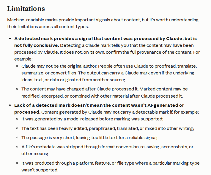 หัวข้อ Limitations ในเอกสารทางการของ Claude ที่ระบุข้อจำกัดของเครื่องหมายไว้สองทาง