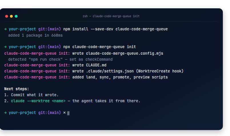 หน้าจอเทอร์มินัลตอนรัน init ของ Claude Code Merge Queue ที่ไล่บอกว่าเขียนไฟล์อะไรไปบ้าง