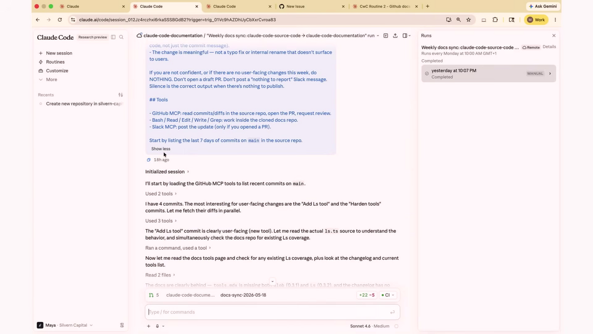 body image · screenshot ของ Claude Code web console ที่แสดง routine ของ Sarah พร้อม panel ซ้ายระบุว่า connected to two repositories runs every Monday at 10 AM connected to GitHub and Slack