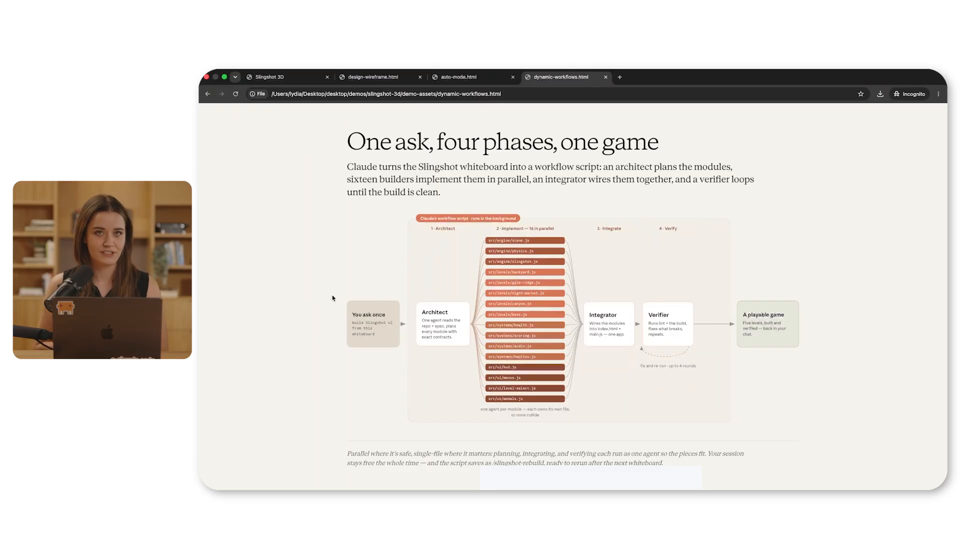 สไลด์ชื่อ One ask four phases one game แสดงผังงานที่แตกจาก agent ผู้วางสถาปัตยกรรม ไปเป็น subagent ฝั่งสร้างหลายตัวที่ทำงานพร้อมกัน แล้วรวบกลับเข้าเฟสรวมงานและเฟสตรวจสอบ
