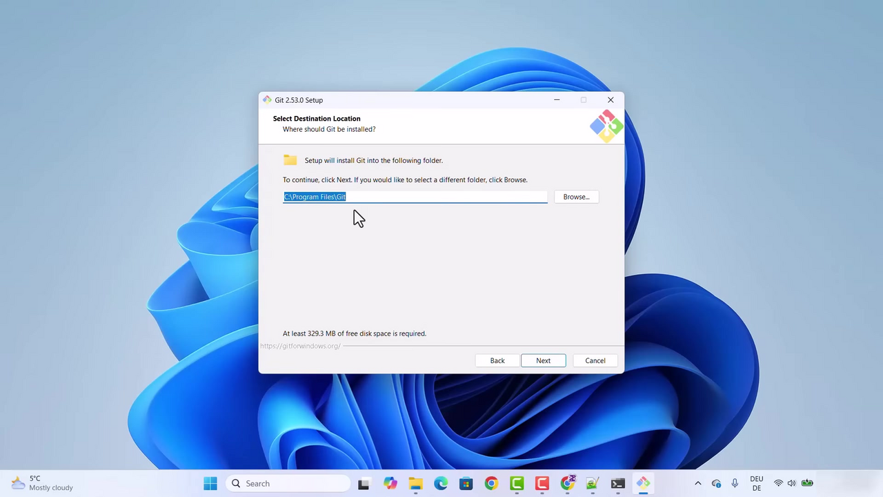 ขั้นที่ 2: เลือกตำแหน่งติดตั้ง Git for Windows