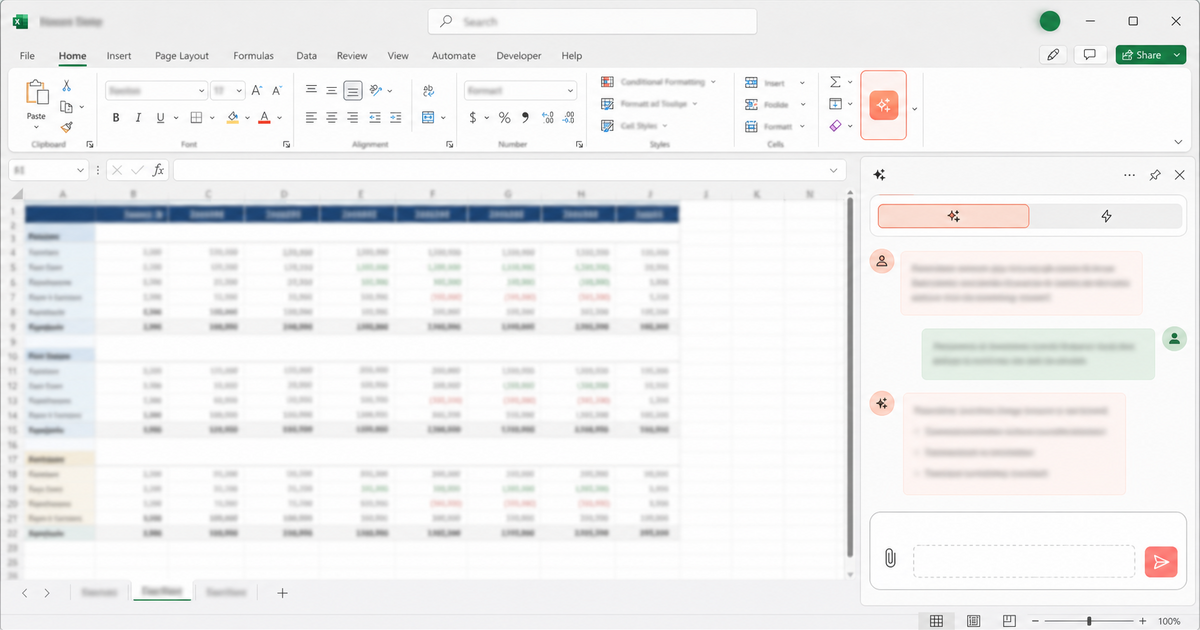 หน้าจอ Excel ที่มีปุ่ม Claude add-in บน ribbon ด้านบน และหน้าต่างแชทเปิดอยู่ทางขวา พร้อมตัวเลือกโมเดล Opus/Sonnet เพื่อสื่อว่า add-in ฝังอยู่ในตัว Excel โดยตรง ไม่ใช่เครื่องมือแยก อ้างอิงข้อมูลจากช่อง Ali H. Salem