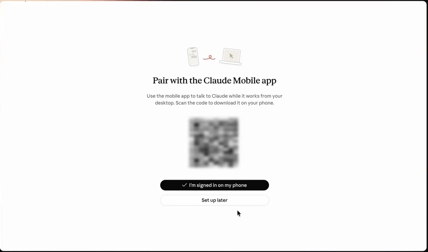 หน้าจอจับคู่แอป Claude บนมือถือกับคอมพิวเตอร์ด้วย QR code