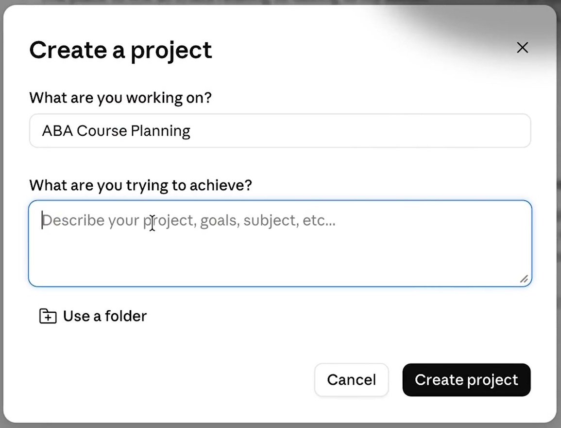 หน้าต่าง Create a project ของ Claude ที่มีบรรทัด Use a folder ให้เลือกโฟลเดอร์ในเครื่อง