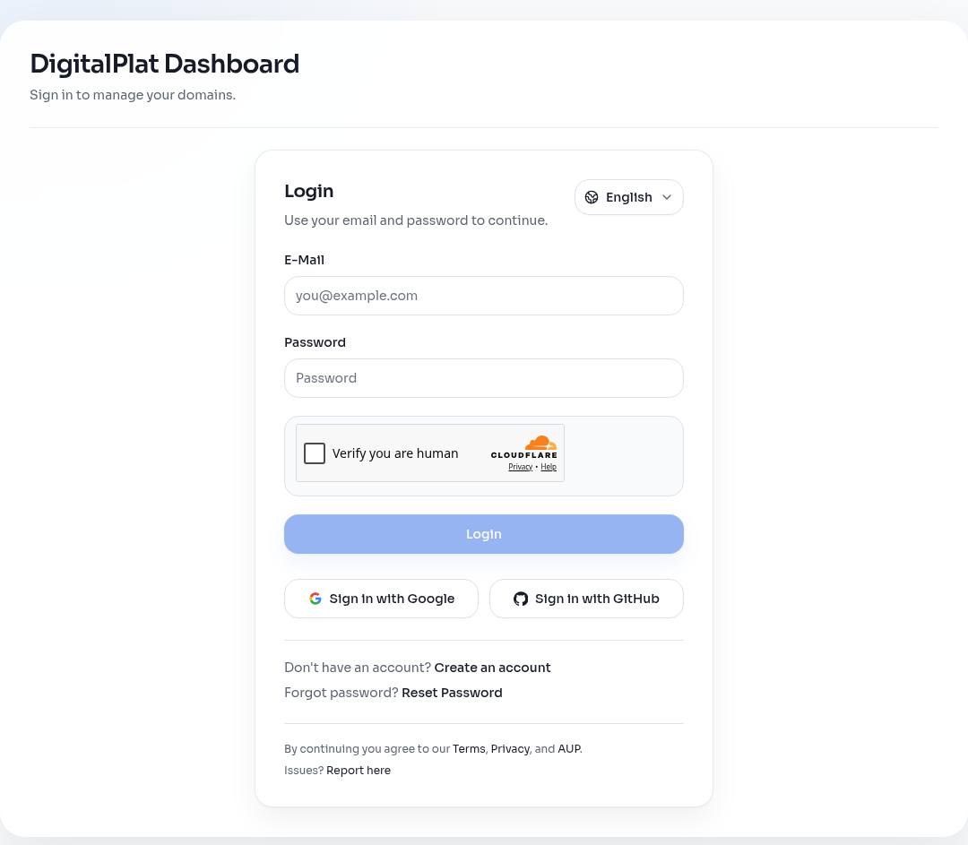 หน้าเข้าสู่ระบบของแดชบอร์ด DigitalPlat FreeDomain