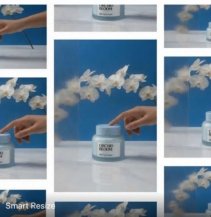 ภาพสินค้าชุดเดียวกันวางเรียงในเฟรมหลายอัตราส่วนบนหน้า Smart Resize ของ Grok Imagine