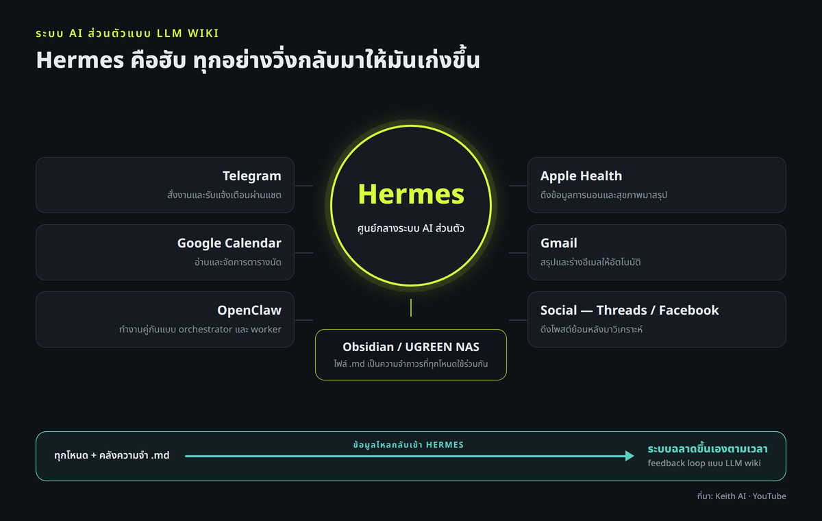 architecture — แผนผังศูนย์กลางชื่อ Hermes ที่กลางภาพ มีเส้นแตกออกไปยังกล่อง Telegram, Apple Health, Google Calendar, Gmail, Social media, OpenClaw และกล่อง Obsidian/NAS ที่เป็น shared knowledge vault โดยมีลูกศรวนกลับเข้า Hermes เพื่อสื่อว่าข้อมูลไหลกลับมาให้ระบบฉลาดขึ้นเรื่อย ๆ ตามแนวคิด LLM wiki