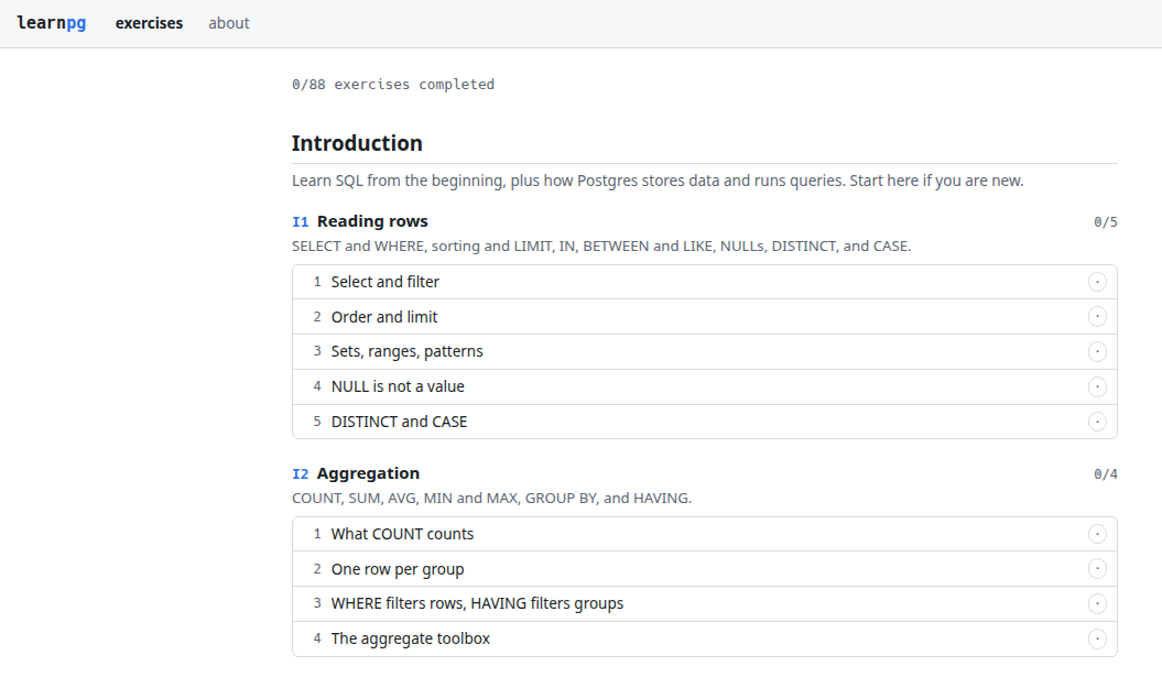 หน้าแรก learnpg.xyz แสดงตัวนับ 0/88 และหมวด Introduction ที่จัดแบบฝึกเป็นรายการทีละข้อ
