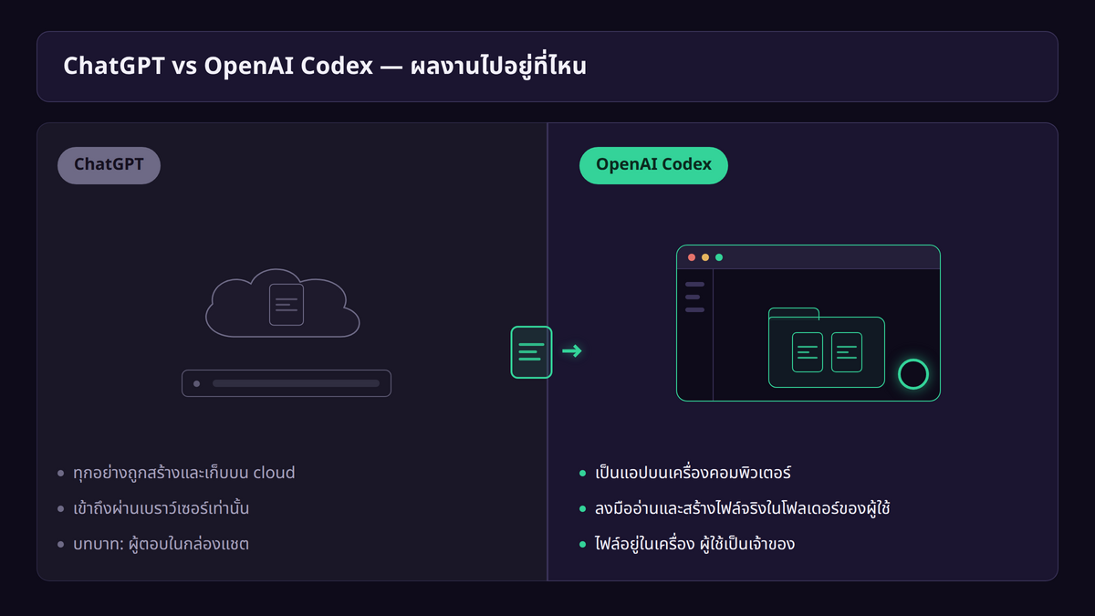 comparison — แผนภาพเปรียบเทียบสองฝั่ง ฝั่งซ้าย ChatGPT (ทุกอย่างถูกสร้างและเก็บบน cloud ผู้ใช้เข้าถึงผ่านเบราว์เซอร์) ฝั่งขวา OpenAI Codex (เป็นแอปบนเครื่อง ลงมืออ่านและสร้างไฟล์จริงในโฟลเดอร์ของผู้ใช้ ไฟล์อยู่ในเครื่อง ผู้ใช้เป็นเจ้าของ)