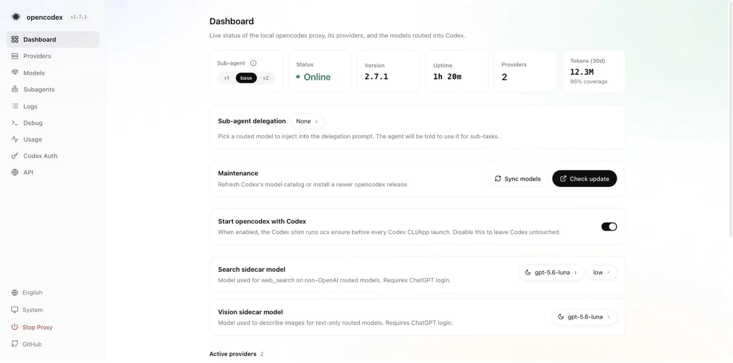 หน้าแดชบอร์ดของ opencodex ที่รันในเครื่อง แสดงสถานะออนไลน์ เวอร์ชัน จำนวนผู้ให้บริการ และเมนูจัดการเรียงอยู่ด้านซ้าย