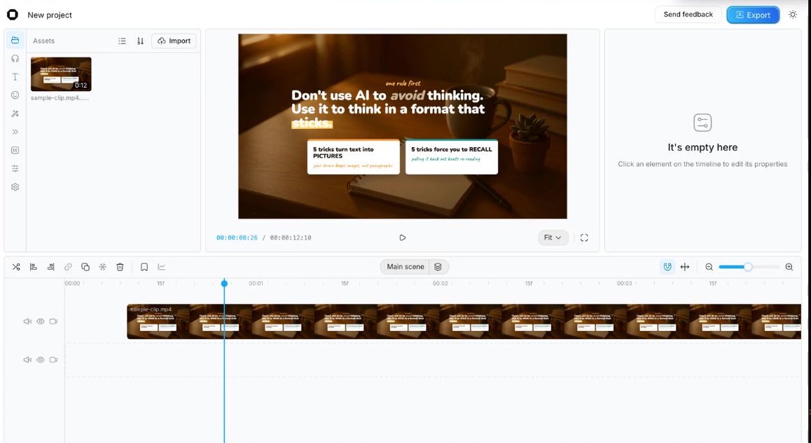 หน้าจอ editor ของ OpenCut ที่มีคลิปวางอยู่บนไทม์ไลน์