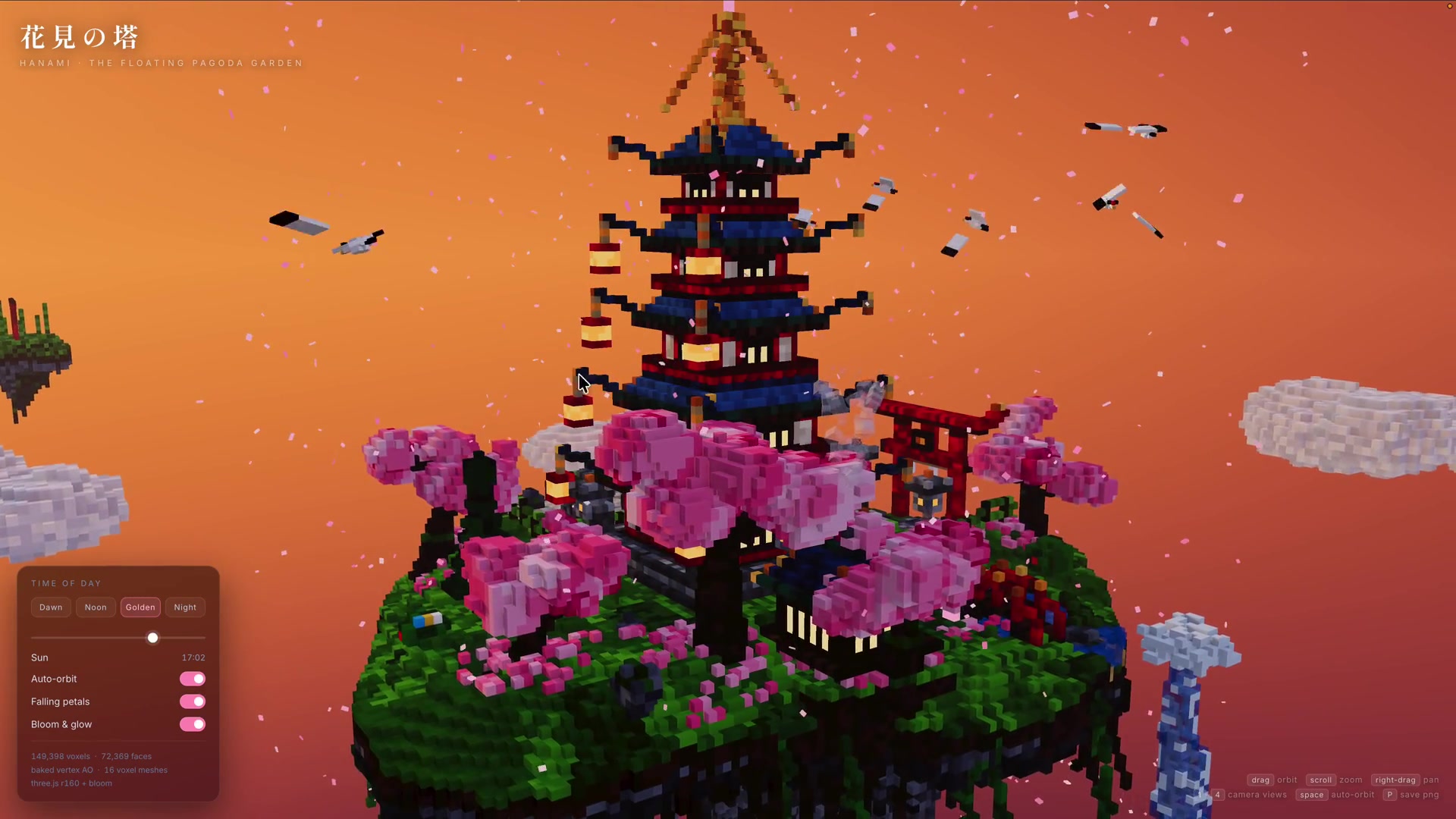 ฉากสวนญี่ปุ่นที่มีเจดีย์ 3 มิติแบบ voxel ซึ่ง Ox Alpha สร้างจากไฟล์ HTML ไฟล์เดียว มีแผงปรับเวลาของวันอยู่มุมซ้ายล่าง