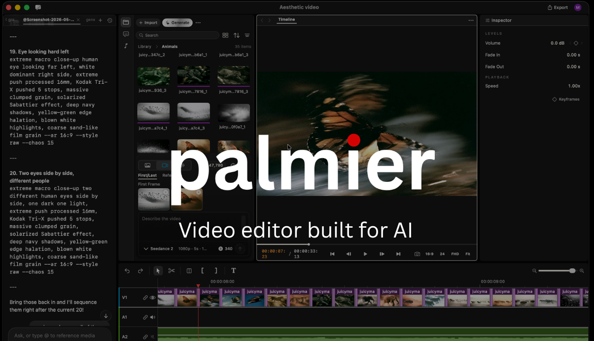 หน้าจอ Palmier Pro มีแชตอยู่ซ้ายมือ ไลบรารีมีเดียอยู่กลางจอ และไทม์ไลน์วางคลิปอยู่ด้านล่าง