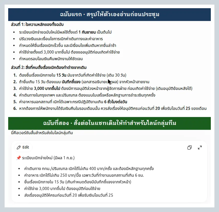 สรุปสองฉบับจากเนื้อความเดียวกัน ฉบับแรกแบ่งเป็นสองส่วนมีรายละเอียดครบ ฉบับที่สองสั้นกว่าครึ่งหนึ่งจัดเป็นหัวข้อสั้นสำหรับส่งในไลน์