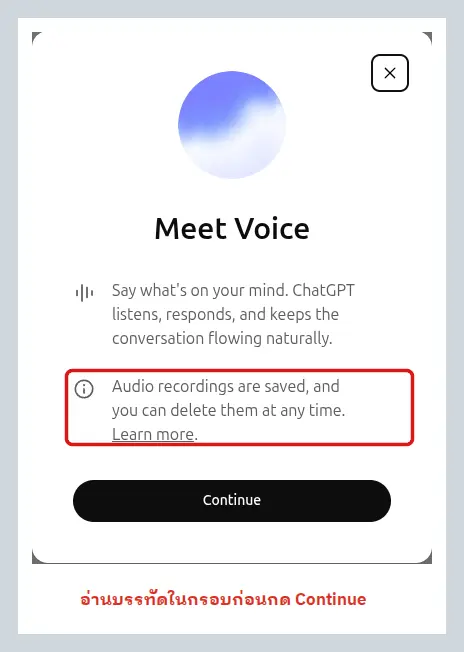 หน้าต่าง Meet Voice ของ ChatGPT ที่ขึ้นตอนกดปุ่มโหมดเสียงครั้งแรก มีบรรทัดในกรอบแดงบอกว่าไฟล์เสียงจะถูกบันทึกไว้และลบทีหลังได้ พร้อมปุ่ม Continue