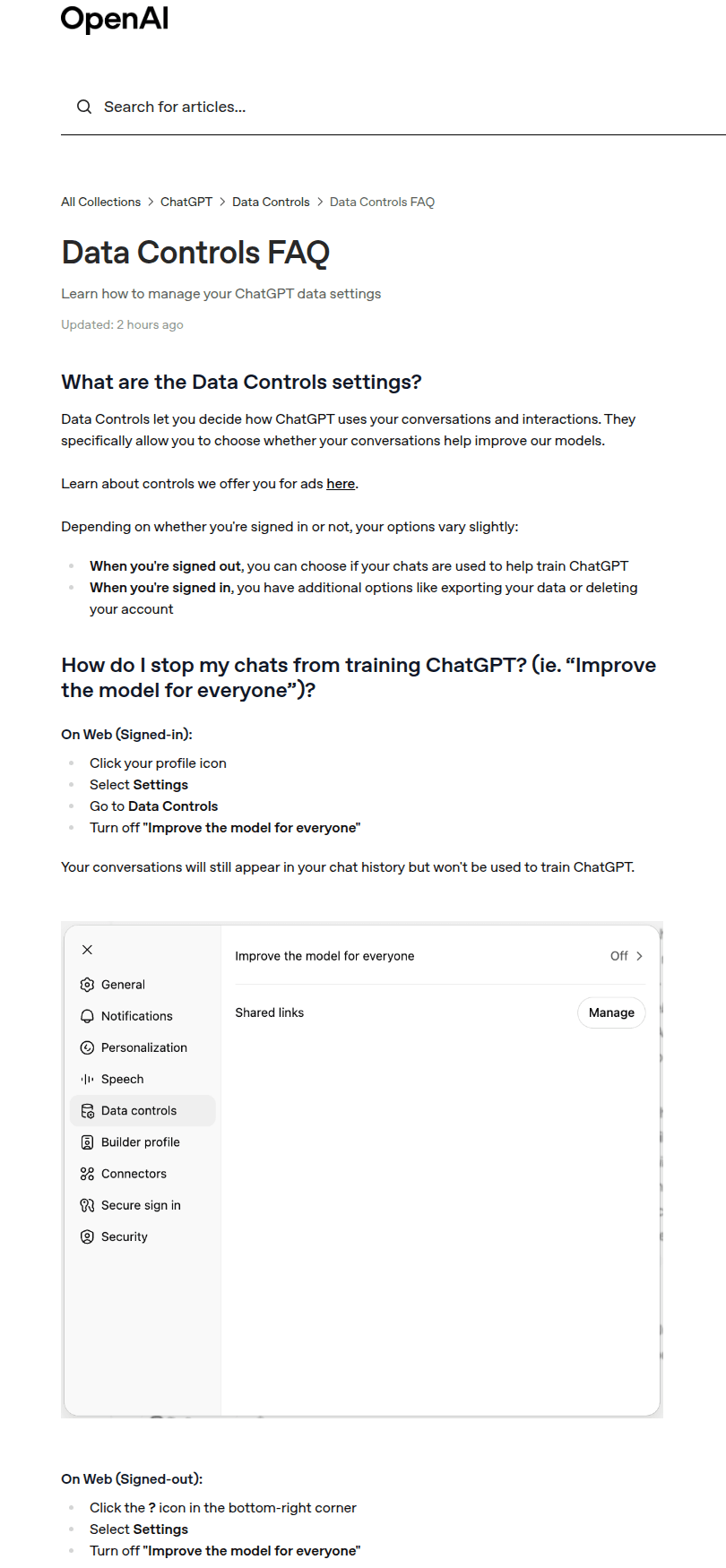 หน้าตั้งค่า Data Controls ของ ChatGPT แสดงสวิตช์ Improve the model for everyone ที่ปิดอยู่