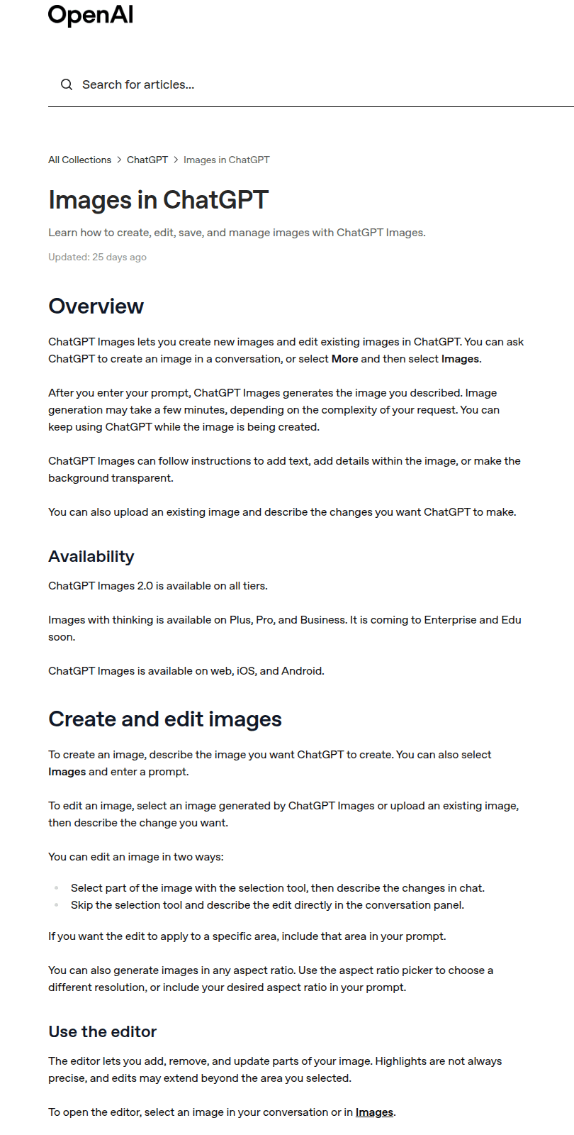 บทความ ChatGPT Images ในศูนย์ช่วยเหลือทางการของ OpenAI อธิบายวิธีสร้างรูป แก้รูปเดิม และใช้เครื่องมือ selection