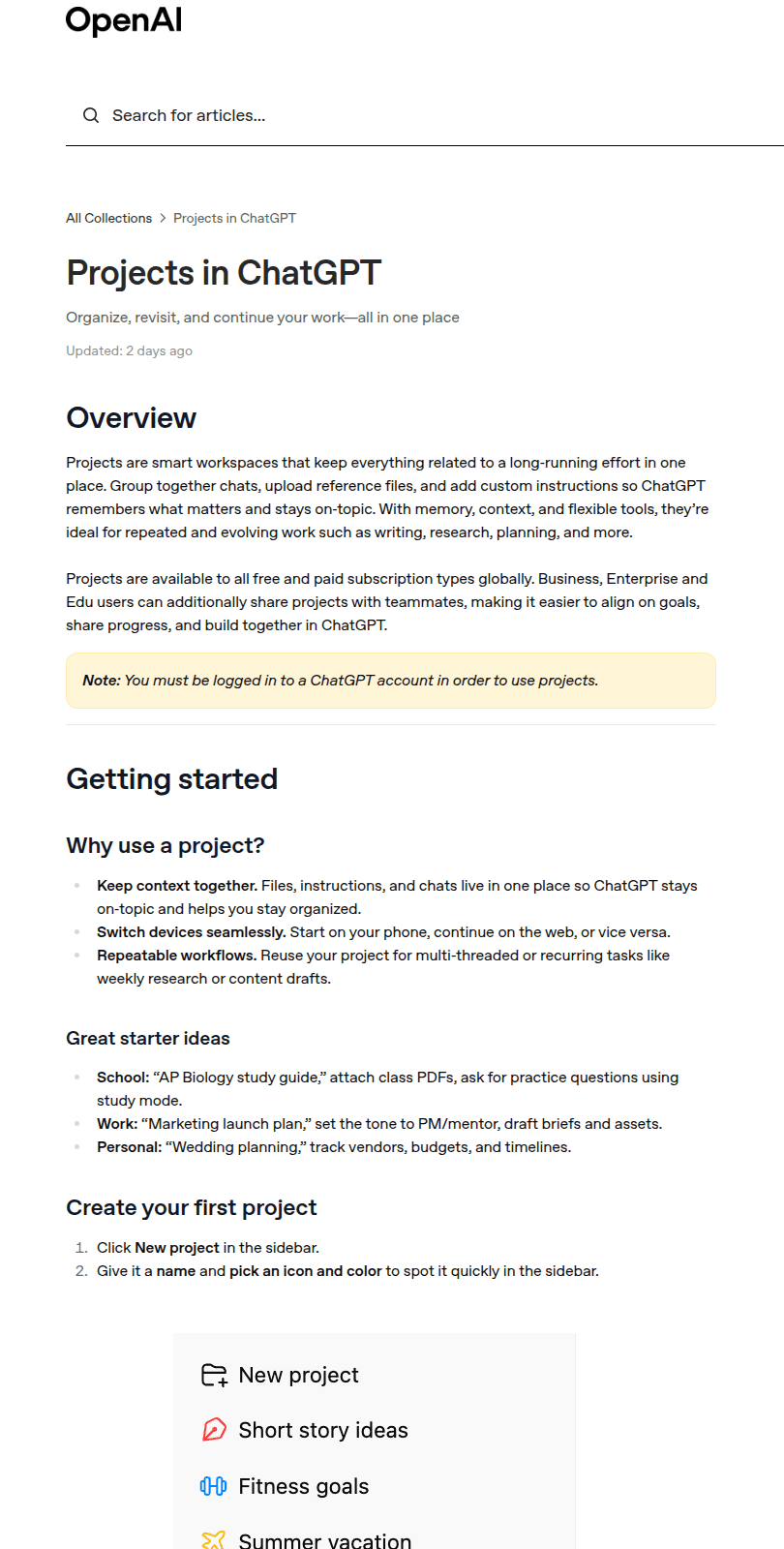 บทความ Projects ในศูนย์ช่วยเหลือของ OpenAI อธิบายวิธีรวมแชท ไฟล์ และคำสั่งประจำโปรเจกต์ไว้ในโฟลเดอร์เดียว