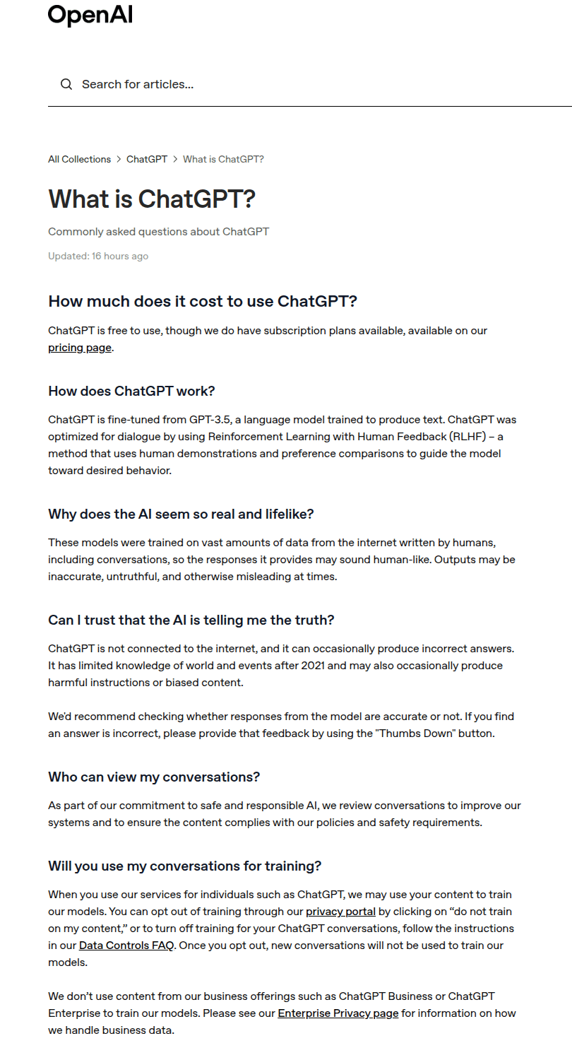 บทความ What is ChatGPT ในศูนย์ช่วยเหลือของ OpenAI ระบุว่าคำตอบอาจคลาดเคลื่อนและควรตรวจสอบก่อนใช้